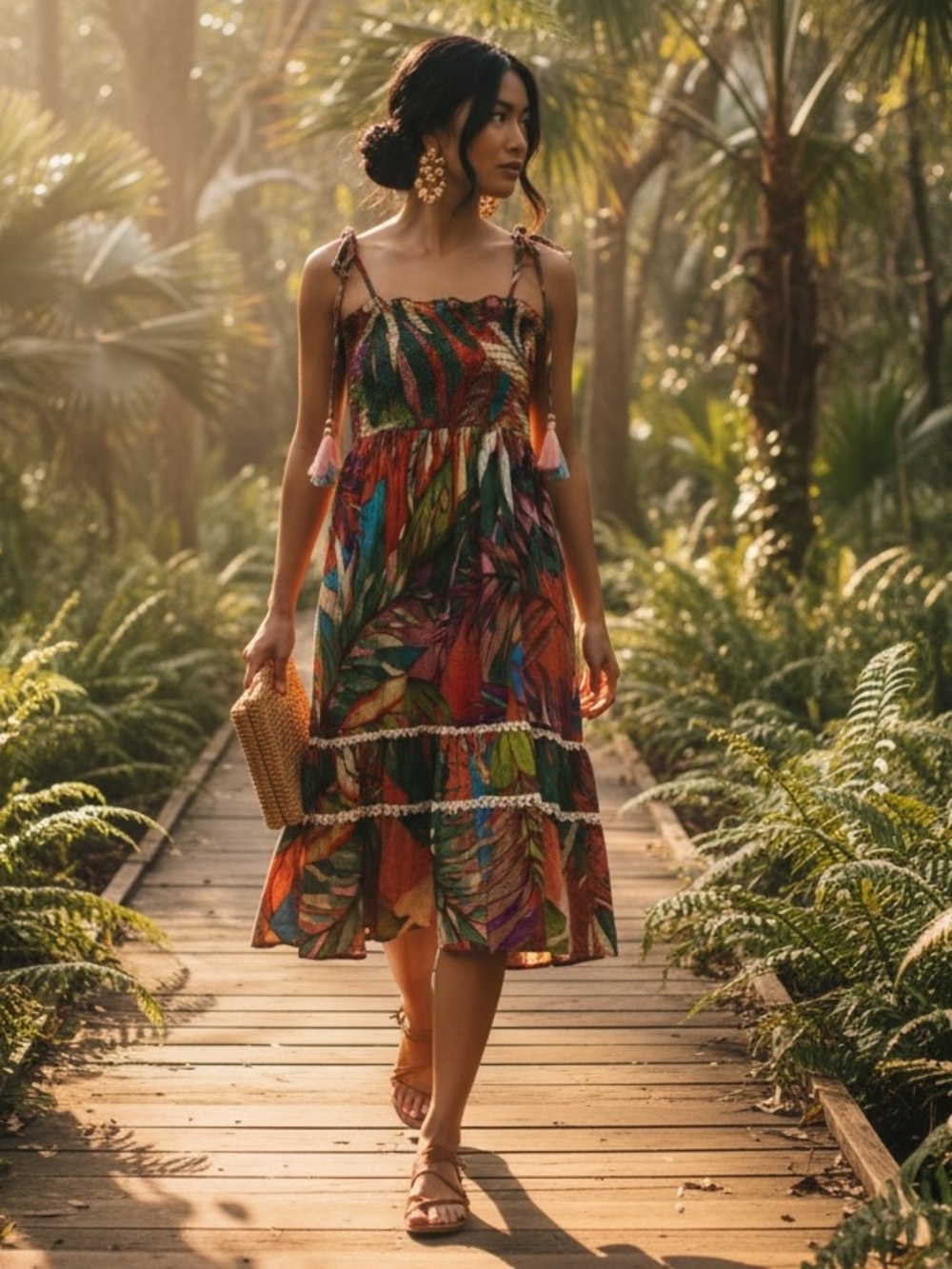 True Destinations Tropical Print Tie-Shoulder Ruffle Sundress size S
